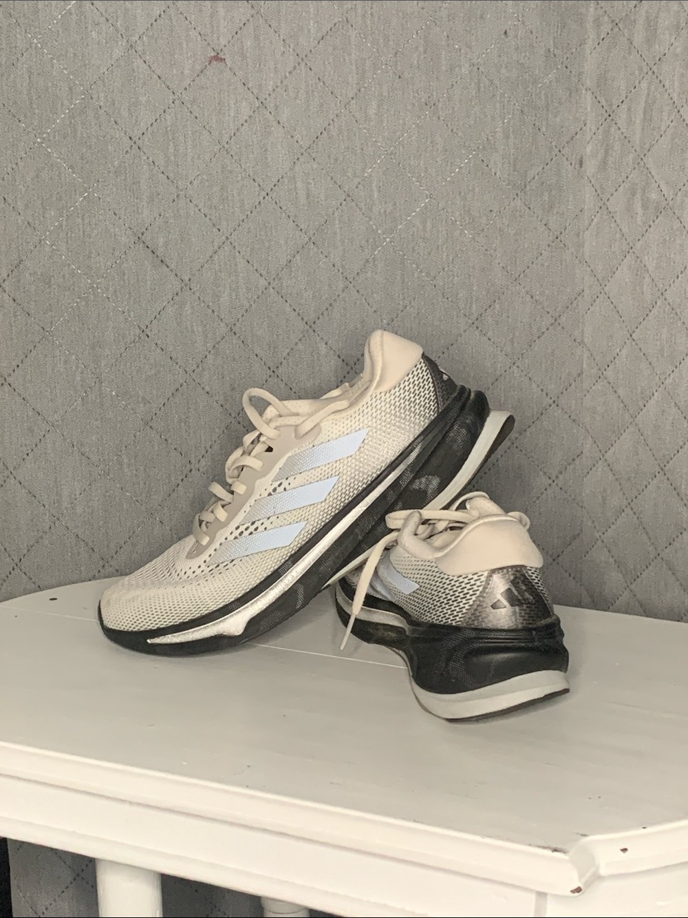 #167 Adidas Cream & Black Running Sneakers